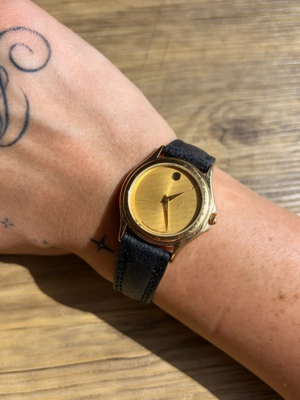 Authentic Gold and Black Leather Movado Womens Watch New Battery Added
